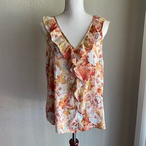LAST CHANCE‼️ LC Lauren Conrad Floral Ruffle Blouse - Cream and Orange